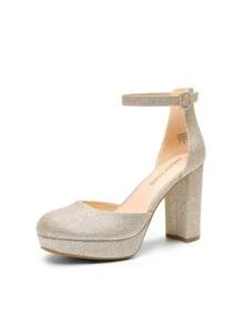 Women's Platform High Chunky Heels Pumps Closed Toe Block Ankle Strap Solid Color Comfortable Fashionable Bridal Party Wedding Dress Shoes - 金色 - 查看 2