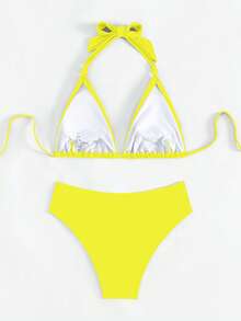 2pcs Sweet & Sexy Solid Color Tie-Up Spaghetti Strap Bikini Swimsuit Set, Beach Holiday Style - Yellow - View 3