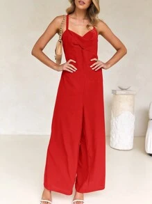 Vaiaye Women's Diamond Hollow Lace-Up Criss-Cross Backless Pleated Jumpsuit, Suitable For Christmas And Valentine's Day - Red - View 6