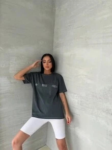 Women's Letter Print Round Neck Short Sleeve Casual Loose T-Shirt - Grey - View 2