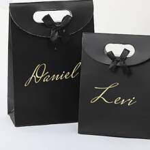 1pc Customized Gift Bag With Name, Valentines Gift Bag Flap Bow Handled Paper Bag Gold Font Gift Bag Souvenir Kraft Paper Bag, Customized Gift Bag,SummerHoliday - Black - View 6