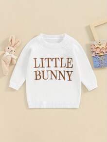 Suéter para bebé de 0 a 24 meses, manga larga, cuello redondo, letras bordadas, suéter de punto cálido de invierno, ropa de Pascua para niñas - Blanco - Ver 2