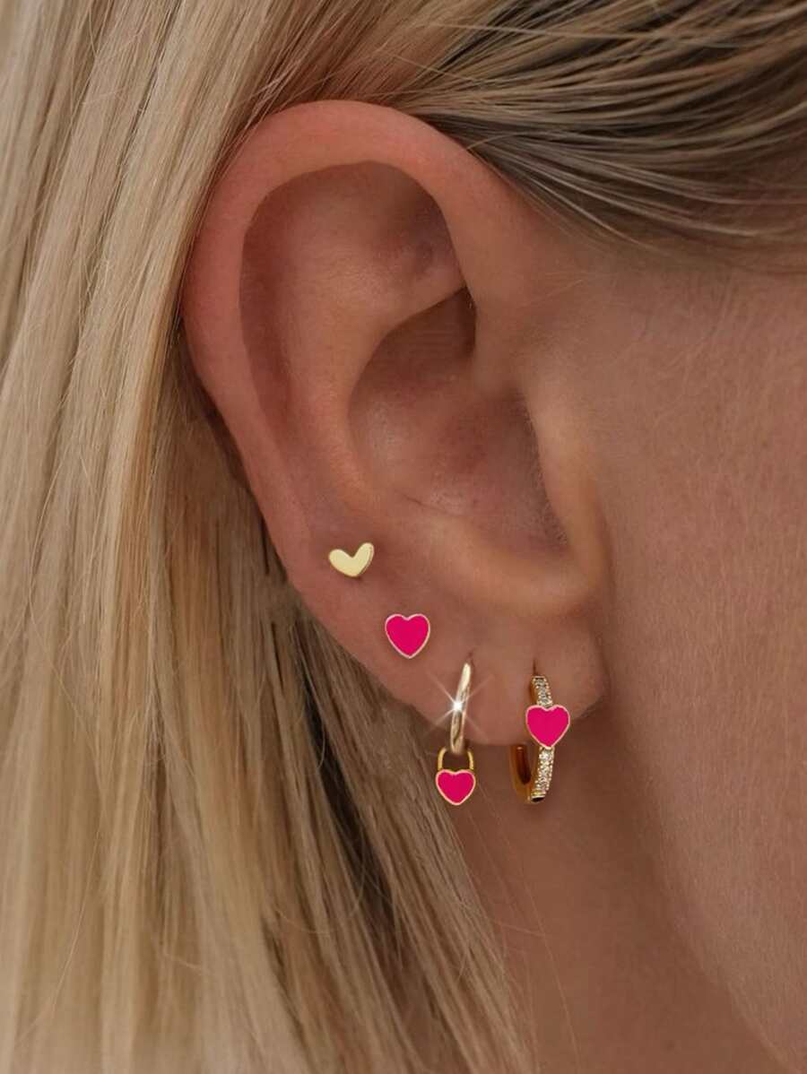 Bộ 4 khuyên tai đính đá Zirconia màu hồng thanh lịch, thiết kế hình ngôi sao và mặt trăng, bộ khuyên tai thời trang tối giản dành cho phụ nữ thích hợp cho các buổi hẹn hò, tiệc tùng, đi làm - Hồng - Xem 1