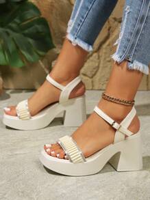 2025时尚水晶装饰高跟凉鞋，厚底灵活，时尚个性化性感厚底休闲运动凉鞋 - 米色 - 查看 3