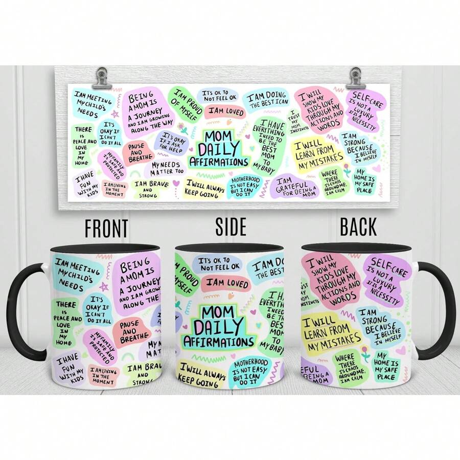Mom Mug Daily Affirmations Mom Mug For Women, 11 Ounces, Self Care Mom Coffee Mug, Postpartum Mom Cup, New Mom After Birth Coffee Mug, Mental Health Cup, Relaxation Mug - 黑色手柄 - 查看 1