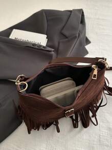 1个棕色光滑PU皮革拉链流苏装饰时尚百搭休闲斜挎包，适合女性日常使用 - 咖啡棕 - 查看 12