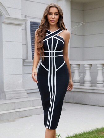 Nouvelle robe de cocktail fendue à bretelles spaghetti pour femmes, robe de soirée élégante rayée noire