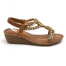 Summer Fashion Crystal & Pearl Decor Wedge Heel Thong Sandals - Camel - View 2