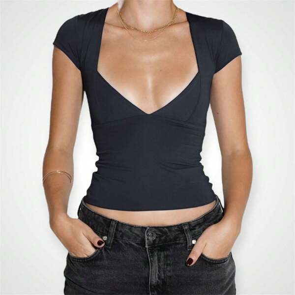 Camiseta Baby Look Poliamida Decote V Manga Curta Feminina