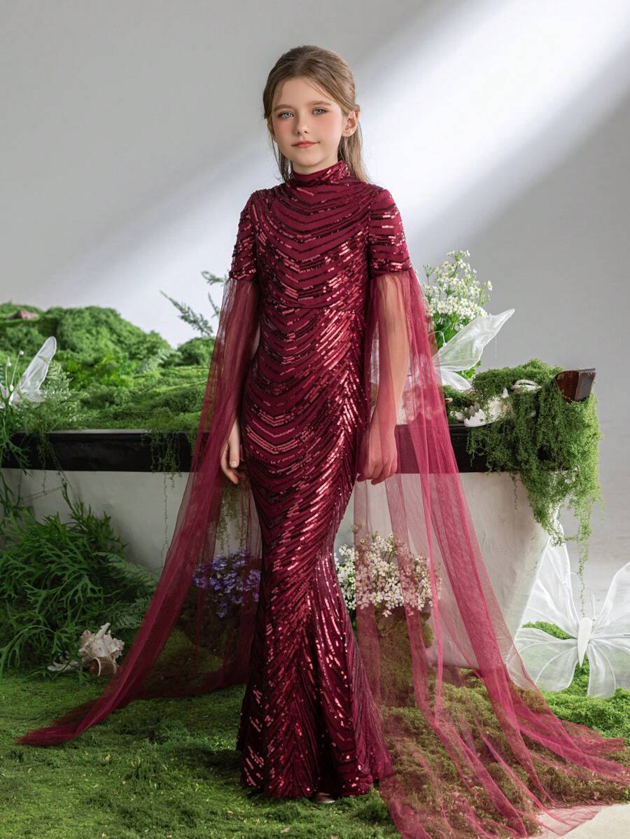 青少女高領長袖亮片美人魚禮服裙 - 酒紅色 - 查看 1