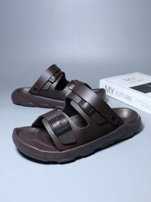 Men's Dual Buckle Breathable Casual Lightweight EVA Slides Slippers, Summer - Brown - View 4