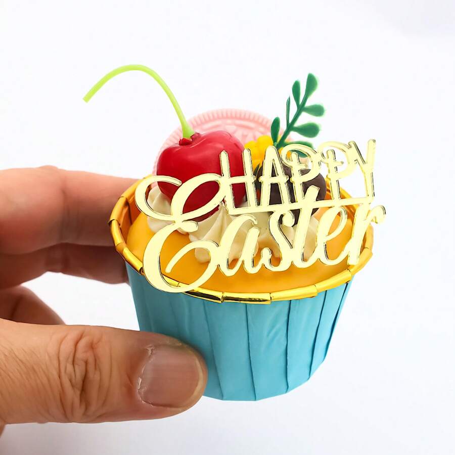 6 miếng trang trí bánh cupcake bằng gương vàng Acrylic Happy Easter dùng để trang trí bánh Phục sinh cho bữa tiệc - Vàng - Xem 1