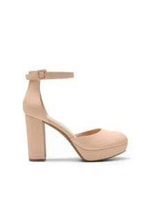 Women's Platform High Chunky Heels Pumps Closed Toe Block Ankle Strap Solid Color Comfortable Fashionable Bridal Party Wedding Dress Shoes - 杏色 - 查看 6