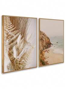 Kit Of 2 Decorative Sea And Beach Leaves Paintings – Ideal For Living Room, Office, Entrance Hall, Bedroom And Modern Environments – Abstract Art For Elegant And Sophisticated Decoration - 摩卡棕 - 查看 2
