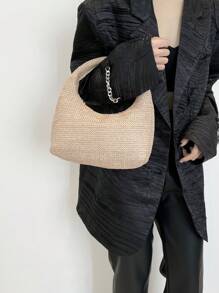 Handwoven Straw Tote Bag, Fashion Woven Crescent Shaped Casual Shoulder Bag, Woven Textured Solid Color Large Tote Bag, Versatile Commuter Handbag, Vacation Essentials, Perfectly Matching With Beach Accessories Women, Hottest Beach Bags