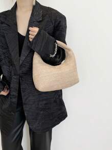 Handwoven Straw Tote Bag, Fashion Woven Crescent Shaped Casual Shoulder Bag, Woven Textured Solid Color Large Tote Bag, Versatile Commuter Handbag, Vacation Essentials, Perfectly Matching With Beach Accessories Women, Hottest Beach Bags