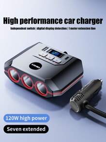 1pc 3-In-1 Car Charger With 4 USB Ports, Car Cigarette Lighter Adapter With Voltage Display And Switch - Black - View 10