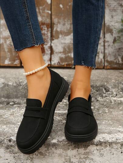 Women's Autumn/Winter New Comfortable Thick Sole Casual Daily Commute Black PU Loafers, Fashionable School Style Slip-On Flat Oxfords For Students