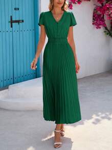 Women's Summer Dress Fashion Casual Button-Down V-Neck Ruffled Sleeve Cover Waist Long Flowing Pleated Dress - màu xanh đậm - Xem 3