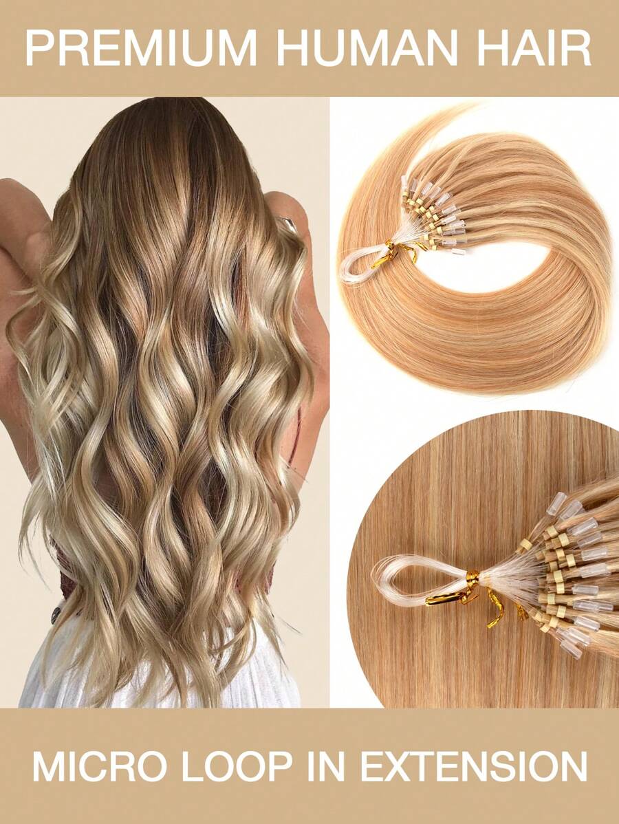 Micro Loop Hair Extensions Real Human Hair Nature Color 12-22inch Straight Invisible Premium Human Hair 50pcs Micro Loop Hair Extensions - S18/613 - 查看 1