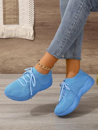 女士网眼套脚系带运动鞋，柔软轻便厚底跑步鞋，透气休闲鞋