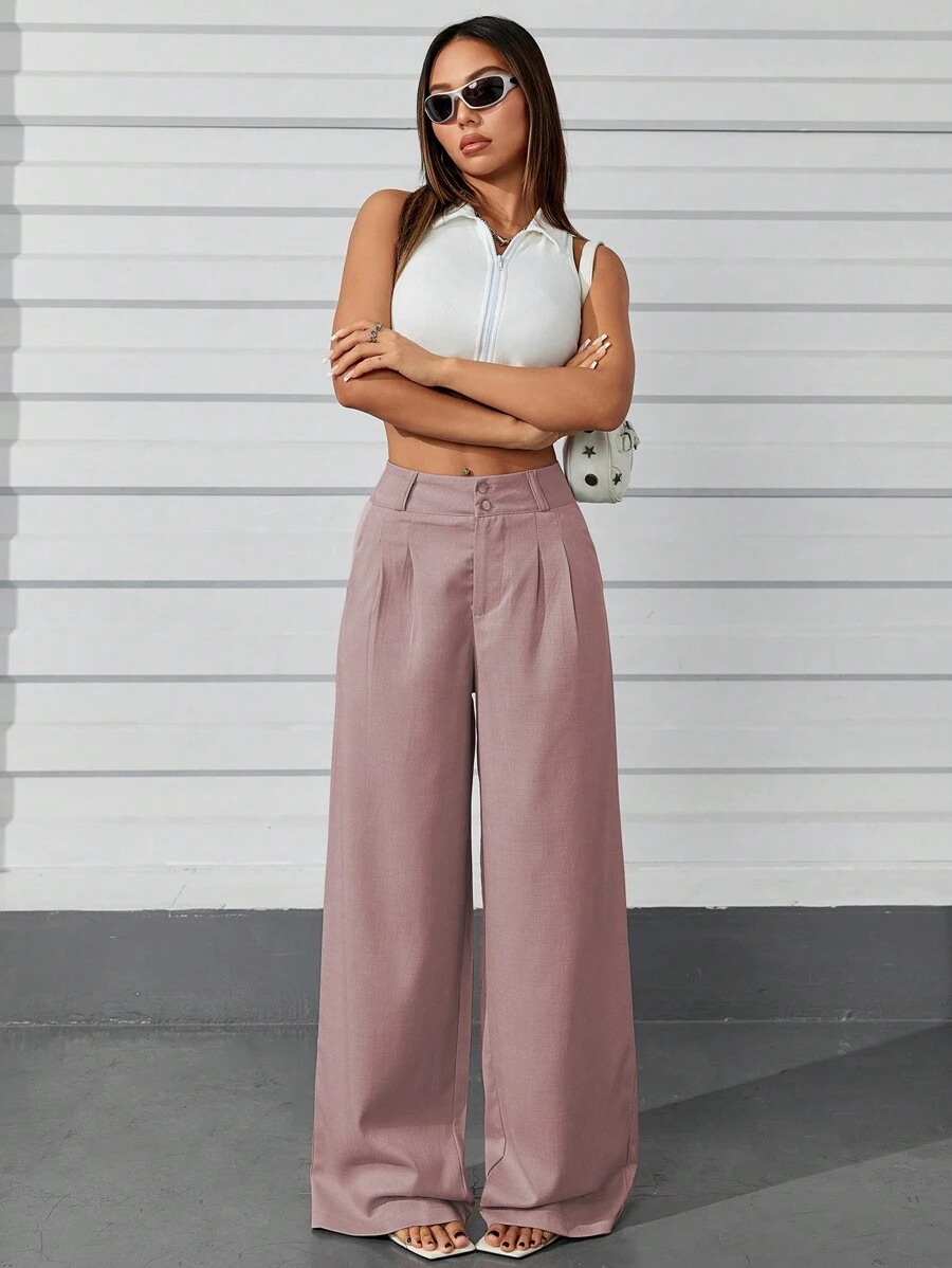 Women's Casual High Waist Wide Leg Pants With Pockets - Pink - View 1