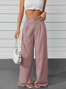Women's Casual High Waist Wide Leg Pants With Pockets - Pink - View 5