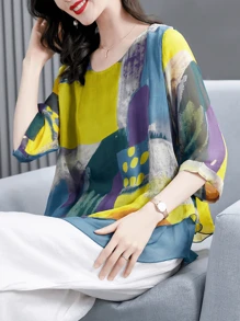 YUXIN Nueva blusa de gasa con estampado y cuello redondo, diseño suelto 2 en 1 para primavera/verano