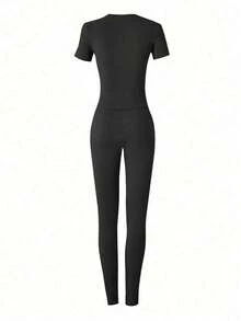 Slim-Fit Short-Sleeved High-Waist Tights Casual Suit - Black - View 2
