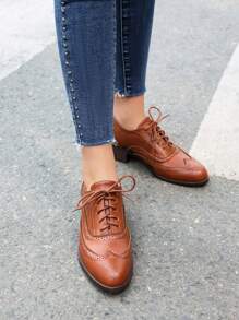 Women's Pointed Toe Lace-Up Brogue Pumps Fashion Mixed Colors Patchwork Block Chunky Heel British Style Flat Oxford Shoes - màu nâu - Xem 4