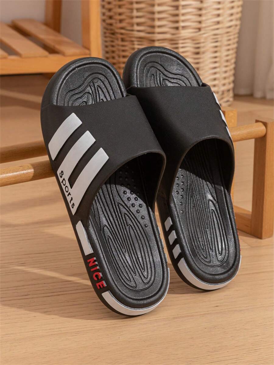 Men's Side Stripe Slide Sandals, Beach, Sports, Casual, Cool Comfort House Slippers - Black - View 1