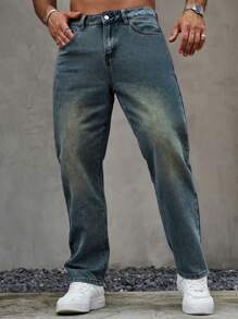 Men's Blue Straight Leg Washed Denim Jeans, Premium Minimalist Versatile Button Fly Casual Pants, All Seasons - Blue - View 5