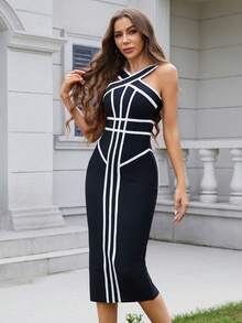 Women's New Arrival Spaghetti Strap Slit Bandage Cocktail Dress, Black Elegant Striped Party Gown