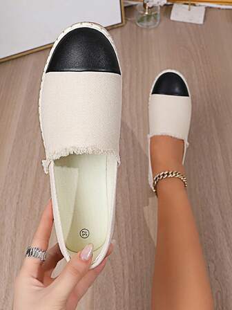 Women's Loafers, Black & White Patchwork Slip-On Shoes, Breathable Casual Versatile Canvas Fringe Boat Shoes, Slouchy Shoes, Thick Sole Shoes, Lightweight Low Heel Flats, Spring/Autumn