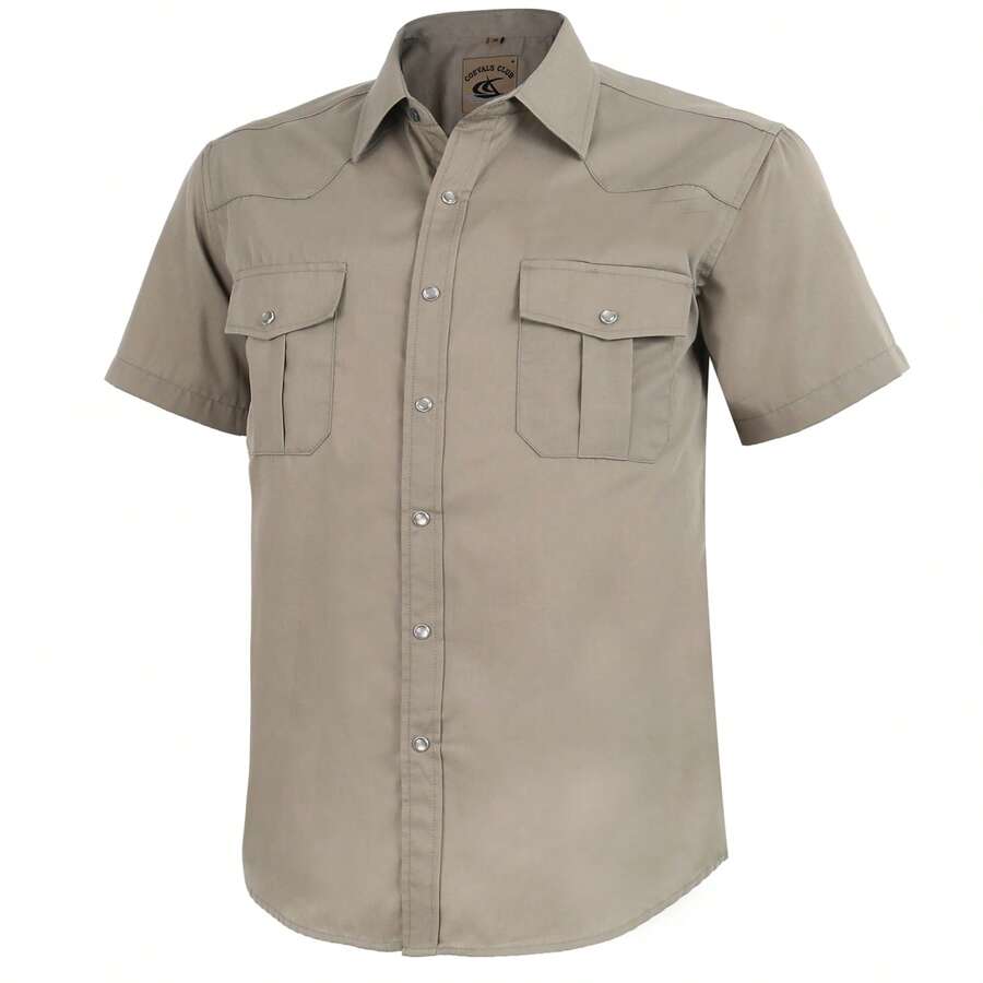 Men's Western Cowboy Pearl Snap Button Up Casual Short Sleeve Two Pockets Work Shirts - Khaki - View 1