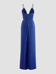 1pc Women's Solid Color Spaghetti Strap Hollow Out Jumpsuit - Navy Blue - View 2