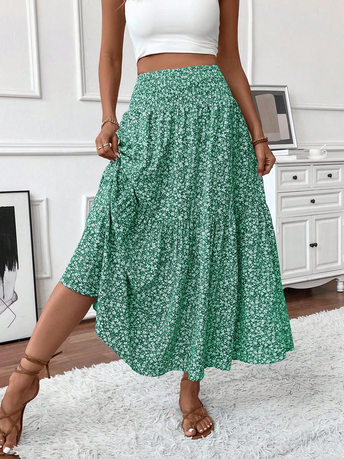 Women’S Long Ditsy Floral Skirt, Casual Elastic Waist With Pockets, Ruffle Hem,