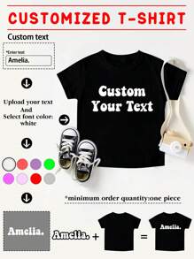 Customized Text, Spring/Summer Girls Toddler T-Shirt, Enter Your Text/Name/Birthday Wishes/Message/Funny Text, Team Uniform & Outdoor Wear Customization, Personalized Round Neck Short Sleeve Girls Tee, Black Top Customization, Holiday/Birthday/1st Birthday Gift, Cultural Shirt