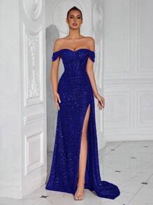 Elisanya Sequined Heart-Neck Ruched Waist Dress With Side Slit & Open Back, Suitable For Prom Party And Events - Royal Blue - View 3