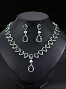 1 Set Of 3pcs Luxury Elegant Cubic Zirconia Necklace & Earrings Set, Bridal Wedding Party Dress Faux Pearl Jewelry Gift, Teardrop Decor For Women's Festive Wear