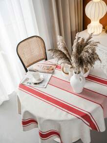 1pc Red Stripe Circular Tablecloth, Retro American Style Round Table Decor, Bedroom Nightstand, Round Coffee/TV Stand Decoration, Home Decor