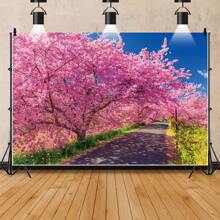 1 PC, Cherry Blossom Spring Background Fabric Pink Flower Tree Party Banner, Romantic Natural Scene Suitable For Bridal Gifts And Wedding Photos