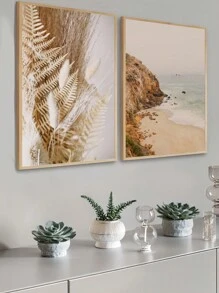 Kit Of 2 Decorative Sea And Beach Leaves Paintings – Ideal For Living Room, Office, Entrance Hall, Bedroom And Modern Environments – Abstract Art For Elegant And Sophisticated Decoration - 摩卡棕 - 查看 4