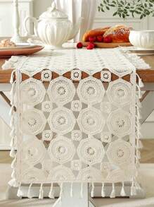 100% Pplyester Natural Cream Crochet Hollow Round Pattern Rectangle Table Runner With All-Around Tassel Fringe, Breathable Hand Knit Table Mat, Boho Farmhouse Decor Doily For Dining Table Breakfast Table Coffee Side Table Kitchen Home Decor - Beige - View 4