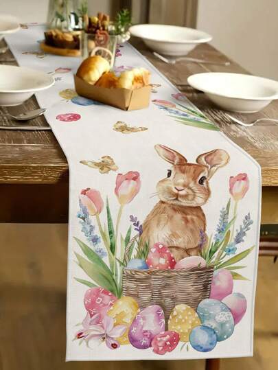 1 Pezzo Runner da tavolo con motivo di coniglio e uova, decorazione per la casa di Pasqua, forniture per feste da interno/esterno, decorazione per la stanza. Adatto per la decorazione della cucina di casa di Pasqua e per la decorazione della festa di Pasqua