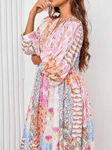 女士波西米亚灯笼袖长款连衣裙，时尚V领系带腰袋随机印花长款连衣裙，女士情人节派对服装，女士节日服装 - 彩色 - 查看 5