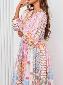 Vestido Maxi de Mujer de Mangas Linterna Estilo Bohemio con Cuello en V, Lazada, Bolsillos y Estampado de Retazos al Azar