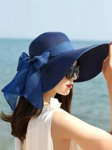 Women's Summer Sunscreen Hat, Beach Straw Hat, Korean Style Student Versatile Summer Ladies Fashionable Large Brim Sun Hat, Stylish Personalized Casual Bohemian Retro Street Elegant Polyester Bowknot Windproof UV Protection Cap, Spring/Summer - Hat - View 4