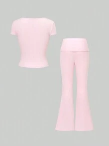 Women's Two-Piece Sports Casual Solid Color Sexy Slim Square Collar Short-Sleeved Top Micro-Cropped Pants Suit