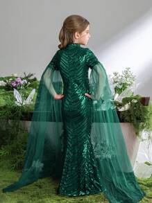 Tween Girl's High Neck Long Sleeved Sequined Mermaid Formal Dress